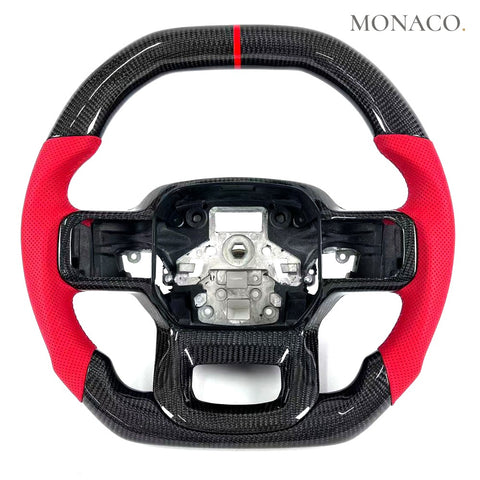 Custom carbon fiber steering wheel for Ford F-150 Raptor (2022–2025): Red Perforated Leather Carbon D-Shape