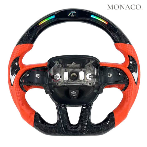 Custom carbon fiber steering wheel for Dodge Charger Challenger Durango (2015–2023): Perforated Leather LED Orange Forged Carbon