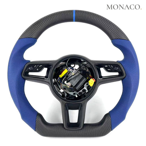 Custom carbon fiber steering wheel for Porsche 911 Panamera Cayenne Macan 718 (2017–2024): Blue Perforated Leather Matte Carbon D-Shape