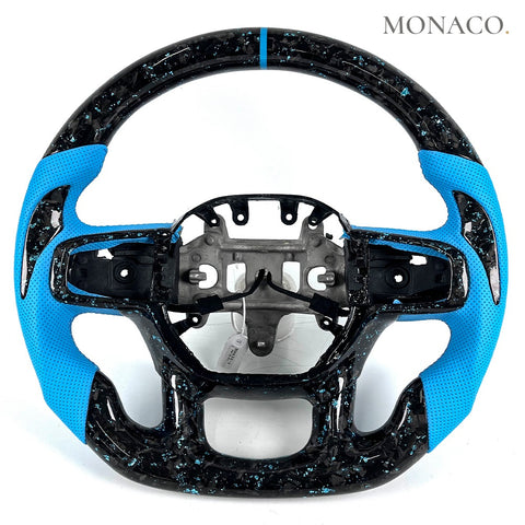 Custom carbon fiber steering wheel for Dodge Ram 1500 2500 (2009–2011): Blue Perforated Leather Blue Powder Forged Carbon