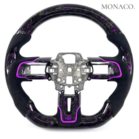Custom carbon fiber steering wheel for Ford Mustang S550 (2015–2023): Black Suede Purple Forged Carbon