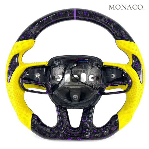 Custom carbon fiber steering wheel for Dodge Challenger SRT (2015–2024): Yellow Perforated Leather Purple Forged Carbon