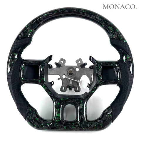 Custom carbon fiber steering wheel for Dodge Ram 1500 2500 3500 (2010–2018): Black Perforated Leather Green Forged Carbon