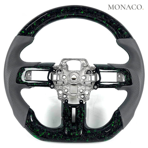 Custom carbon fiber steering wheel for Ford Mustang GT S550 (2015–2022): Grey Perforated Leather Green Forged Carbon