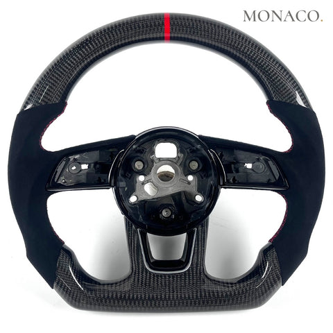 Custom carbon fiber steering wheel for Audi A3 S3 RS3 A4 S4 RS4 A5 S5 RS5 A6 S6 RS6 B8 B9 R8 Q3 (2008–2019): Black Suede Carbon