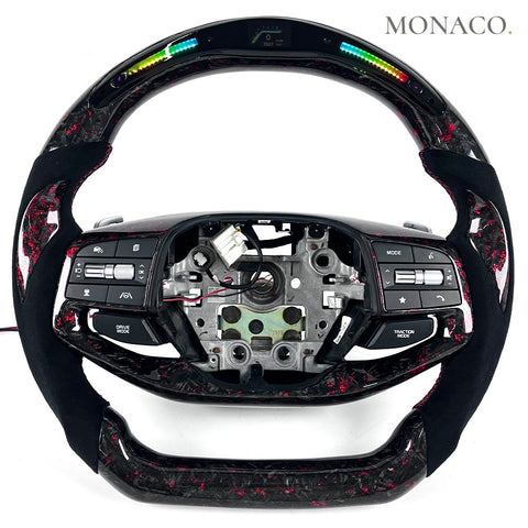 Custom carbon fiber steering wheel for Hyundai Elantra Sonata, Kia (2010–2020): Suede LED Red Forged Carbon
