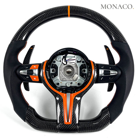 Custom carbon fiber steering wheel for BMW M3 F80, M4 F82, M2 F87, 3 Series F30 (2012–2020): Orange Trim Carbon