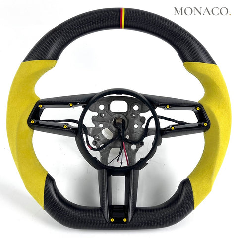 Custom carbon fiber steering wheel for Porsche 911 992 Panamera Cayenne (2017–2024): Yellow Suede Matte Carbon