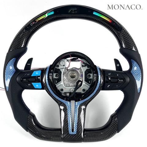 Custom carbon fiber steering wheel for BMW M3 F80, M4 F82, 3 Series F30, 5 Series F10 (2012–2020): Blue Trim LED Display