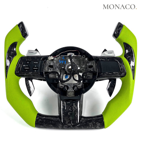 Custom carbon fiber steering wheel for Mazda Mazda3 Mazda6 CX-5 CX-7 CX-9 (2012–2017): Green Perforated Leather Forged Carbon