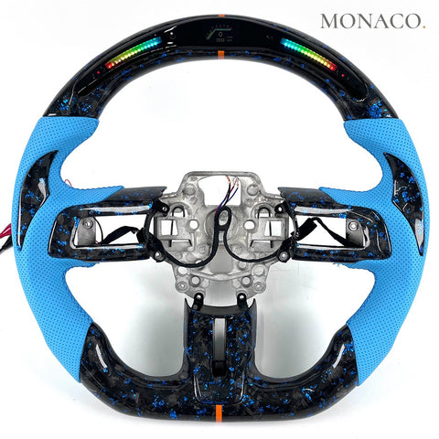 Custom carbon fiber steering wheel for Ford Mustang GT GT350 Shelby S550 (2015–2022): Light Blue Perforated Leather LED Forged Carbon