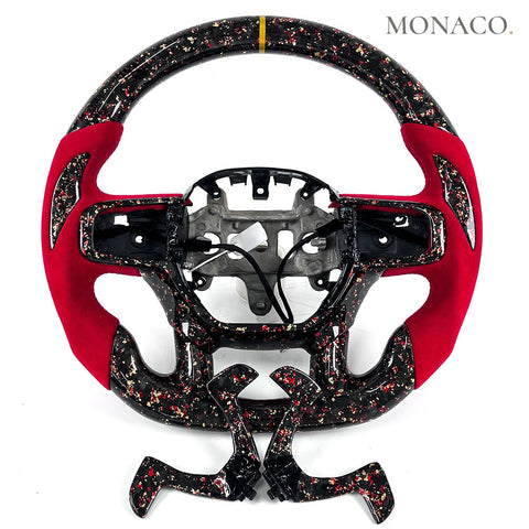 Custom carbon fiber steering wheel for Dodge Ram 1500 2500 (2009–2011): Red Suede Forged Carbon