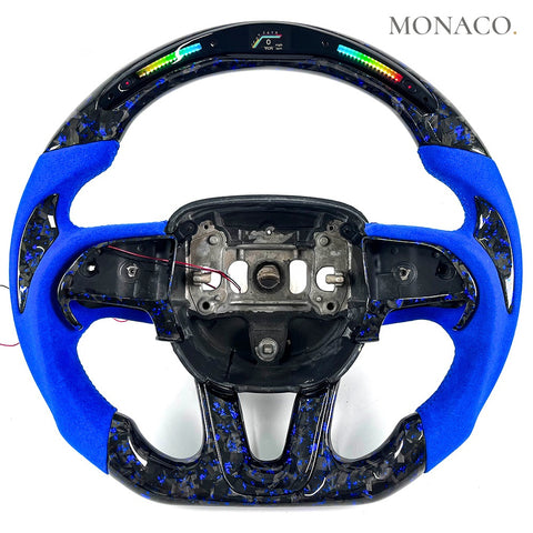 Custom carbon fiber steering wheel for Dodge Charger Challenger RT SRT Hellcat (2015–2023): Blue Suede LED Blue Forged Carbon