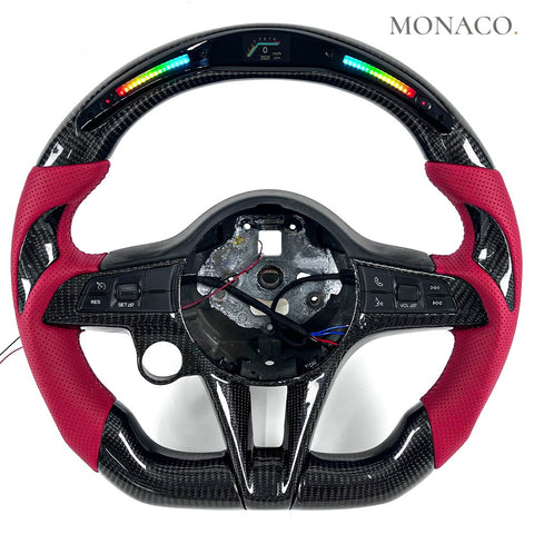 Custom carbon fiber steering wheel for Alfa Romeo Giulia Stelvio (2018–2023): Red Perforated Leather LED Carbon