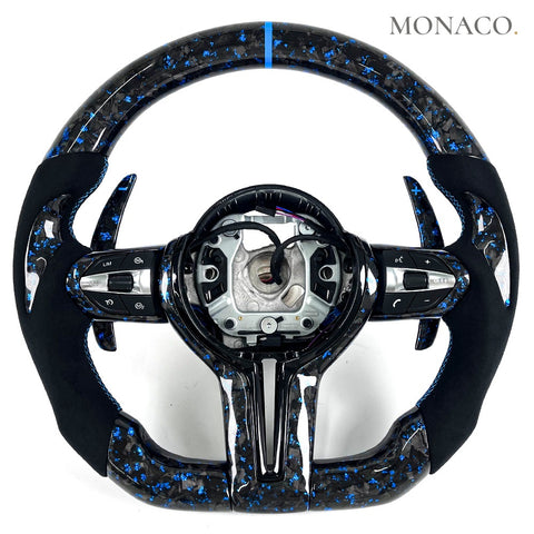 Custom carbon fiber steering wheel for BMW 3 Series F30, M3 F80, M4 F82, M2 F87, 5 Series F10 (2012–2020): Blue Forged Carbon