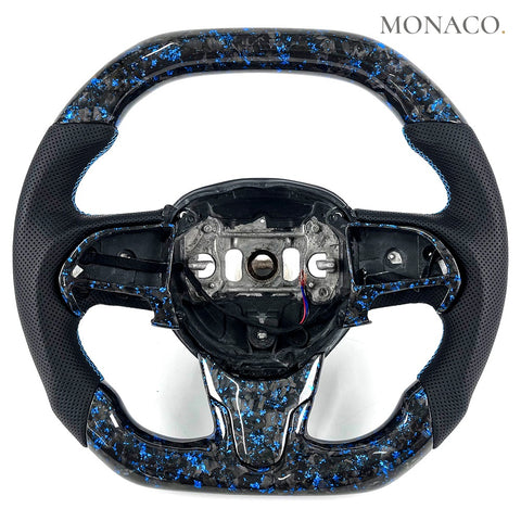 Custom carbon fiber steering wheel for Chrysler 300C SRT (2011–2012): Perforated Leather Blue Forged Carbon