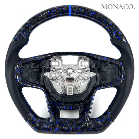 Custom carbon fiber steering wheel for Ford Bronco (2021–2023): Black Smooth Leather Blue Forged Carbon