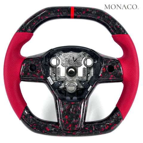 Custom carbon fiber steering wheel for Tesla Model 3 Model Y Model X (2017–2023): Red Perforated Leather Red Forged Carbon