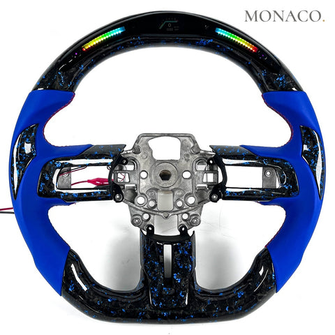 Custom carbon fiber steering wheel for Ford Mustang GT Shelby S550 (2015–2023): Blue Smooth Leather LED Forged Carbon