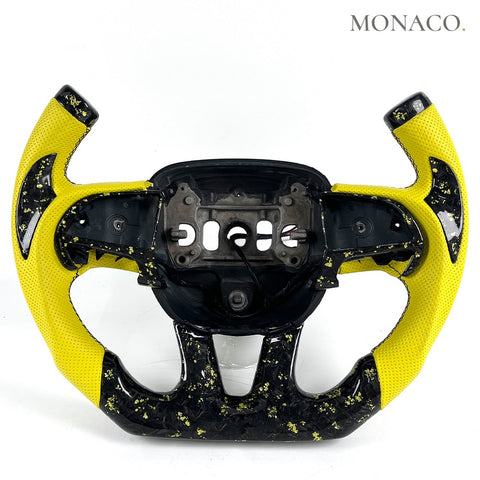 Custom carbon fiber steering wheel for Dodge Charger Challenger RT SRT Hellcat (2015–2023): Yellow Perforated Leather Forged Carbon