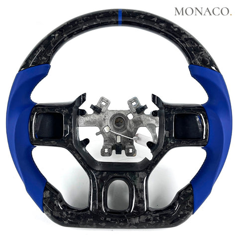 Custom carbon fiber steering wheel for Dodge Ram 1500 2500 3500 (2017–2019): Blue Smooth Leather Forged Carbon
