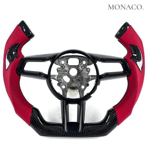 Custom carbon fiber steering wheel for Porsche Panamera Cayenne 911 (2018–2019): Red Perforated Leather Carbon