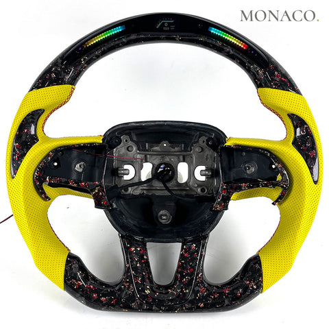 Custom carbon fiber steering wheel for Dodge Charger Challenger RT SRT Hellcat (2015–2023): Yellow Perforated Leather LED Forged Carbon