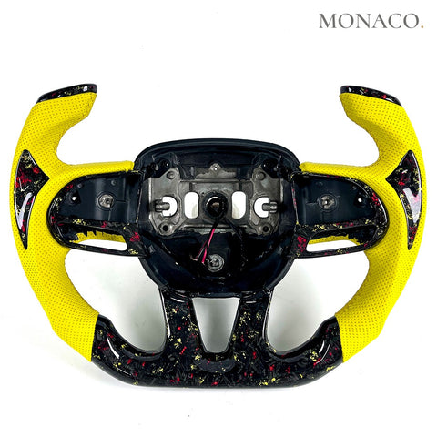 Custom carbon fiber steering wheel for Dodge Charger Challenger RT SRT Hellcat (2015–2023): Yellow Perforated Leather Forged Carbon