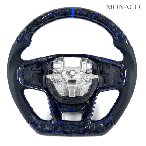 Custom carbon fiber steering wheel for Ford Bronco Raptor (2021–2026): Black Smooth Leather Dark Blue Forged Carbon