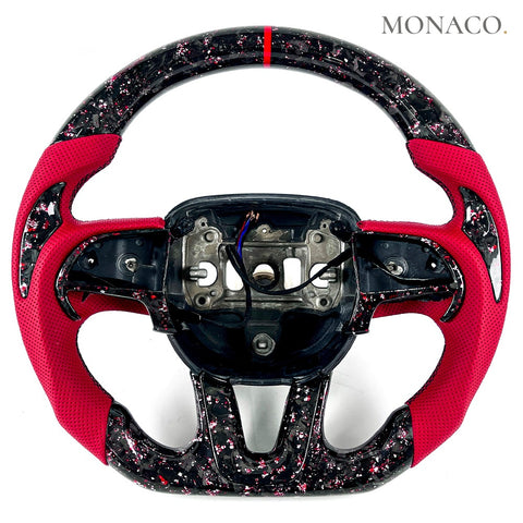 Custom carbon fiber steering wheel for Dodge Challenger SRT (2015–2024): Red Perforated Leather Forged Carbon