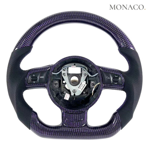 Custom carbon fiber steering wheel for Audi TT R8 (2010–2025): Black Perforated Leather Purple Forged Carbon