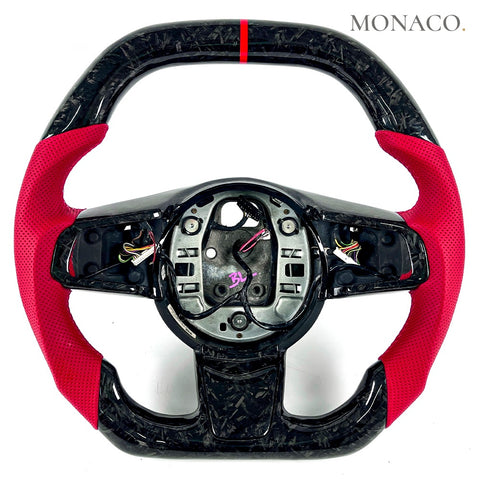 Custom carbon fiber steering wheel for Jaguar F-Pace E-Pace I-Pace F-Type (2021–2024): Red Perforated Leather Forged Carbon