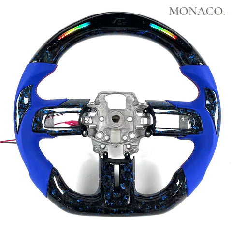 Custom carbon fiber steering wheel for Ford Mustang Shelby S550 (2015–2023): Blue Smooth Leather LED Blue Forged Carbon