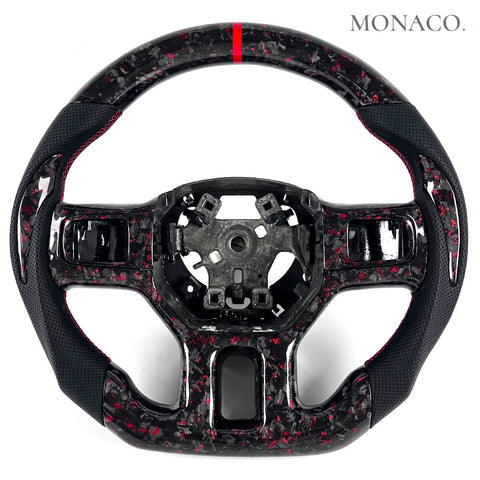 Custom carbon fiber steering wheel for Dodge Ram 1500 (2017–2019): Red Forged Carbon