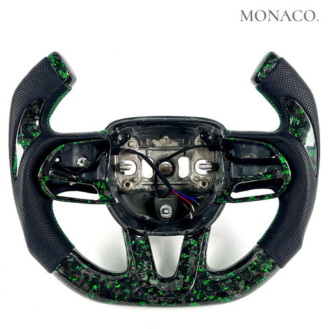 Custom carbon fiber steering wheel for Dodge Charger Challenger RT SRT Hellcat (2015–2023): Perforated Leather Green Forged Carbon