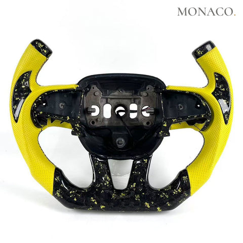 Custom carbon fiber steering wheel for Dodge Challenger Charger (2015–2023): Perforated Leather Yellow Forged Carbon F1-Style
