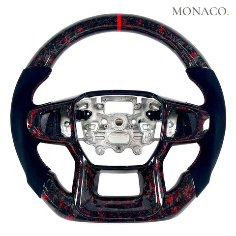 Custom carbon fiber steering wheel for Ford Ranger Raptor Wildtrak (2018–2025): Black Suede Red Forged Carbon