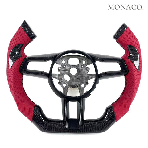 Custom carbon fiber steering wheel for Porsche 911 992 (2020–2025): Red Perforated Leather Carbon
