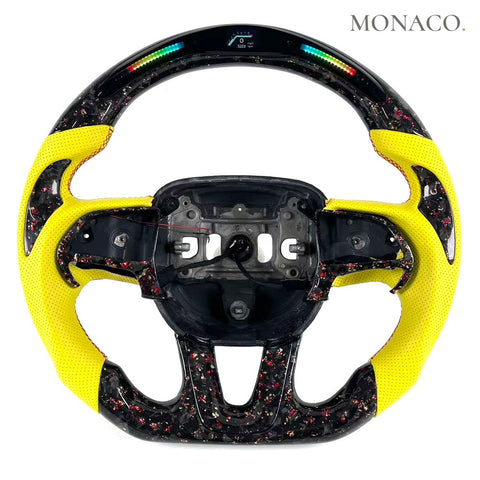 Custom carbon fiber steering wheel for Dodge Challenger Charger SRT Hellcat (2015–2023): Yellow Perforated Leather LED Multi-Color Forged Carbon