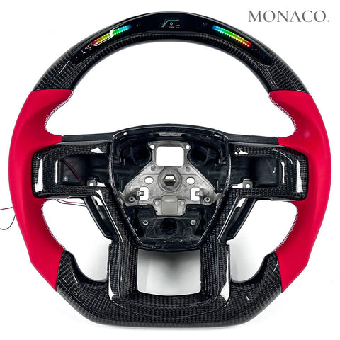 Custom carbon fiber steering wheel for Ford Ranger Raptor F-150 (2018–2022): Red Smooth Leather LED Carbon