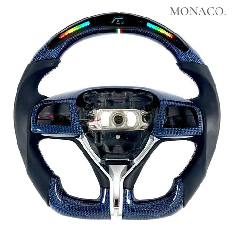 Custom carbon fiber steering wheel for Maserati Ghibli Levante GT (2014–2025): Black Smooth Leather LED Blue Flake Carbon
