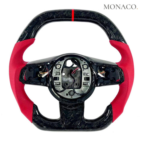 Custom carbon fiber steering wheel for Jaguar XF X260 (2018–2024): Red Perforated Leather Forged Carbon