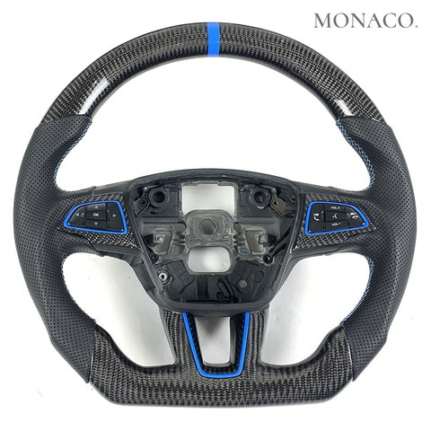 Custom carbon fiber steering wheel for Ford Focus ST RS Mk3 (2015–2018): Perforated Leather Blue Carbon