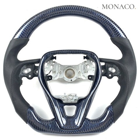 Custom carbon fiber steering wheel for Toyota Camry Corolla Avalon GR (2018–2024): Perforated Leather Blue Carbon