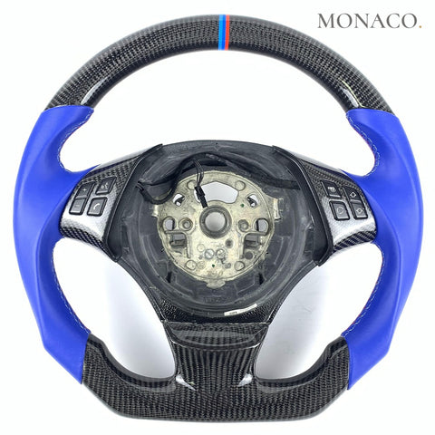 Custom carbon fiber steering wheel for BMW 3 Series E90-E91-E92-E93-E46, 5 Series E39-E60, 1 Series E81-E82-E83, X5 E70, X6 E71, Z4 E89 (1999–2019): Blue Smooth Leather