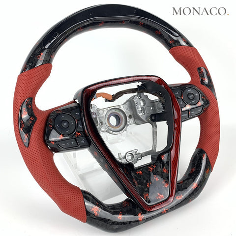 Custom carbon fiber steering wheel for Toyota Camry Corolla (2018–2023): Red Perforated Leather LED Red Forged Carbon