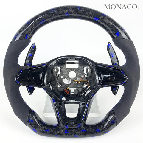 Custom carbon fiber steering wheel for Volkswagen Golf Mk8 Tiguan (2022–2024): Suede Blue Forged Carbon