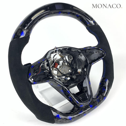 Custom carbon fiber steering wheel for Volkswagen Golf Mk8 Tiguan (2022–2024): Suede LED Blue Powder Forged Carbon