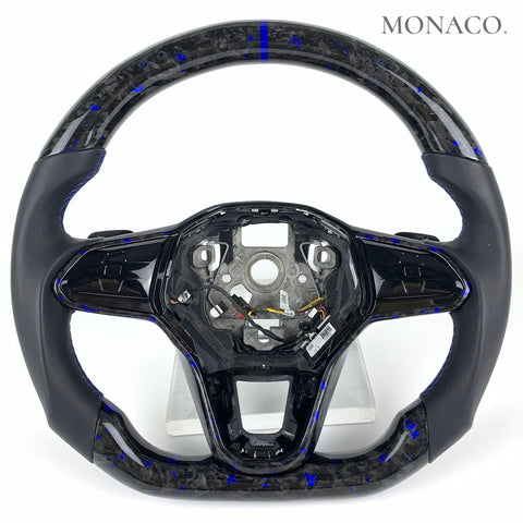 Custom carbon fiber steering wheel for Volkswagen Golf Mk8 Tiguan (2019–2024): Smooth Leather Blue Powder Carbon