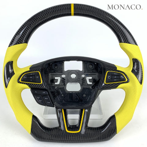 Custom carbon fiber steering wheel for Ford Focus ST Mk3 Mk4 (2015–2021): Yellow Perforated Leather Carbon